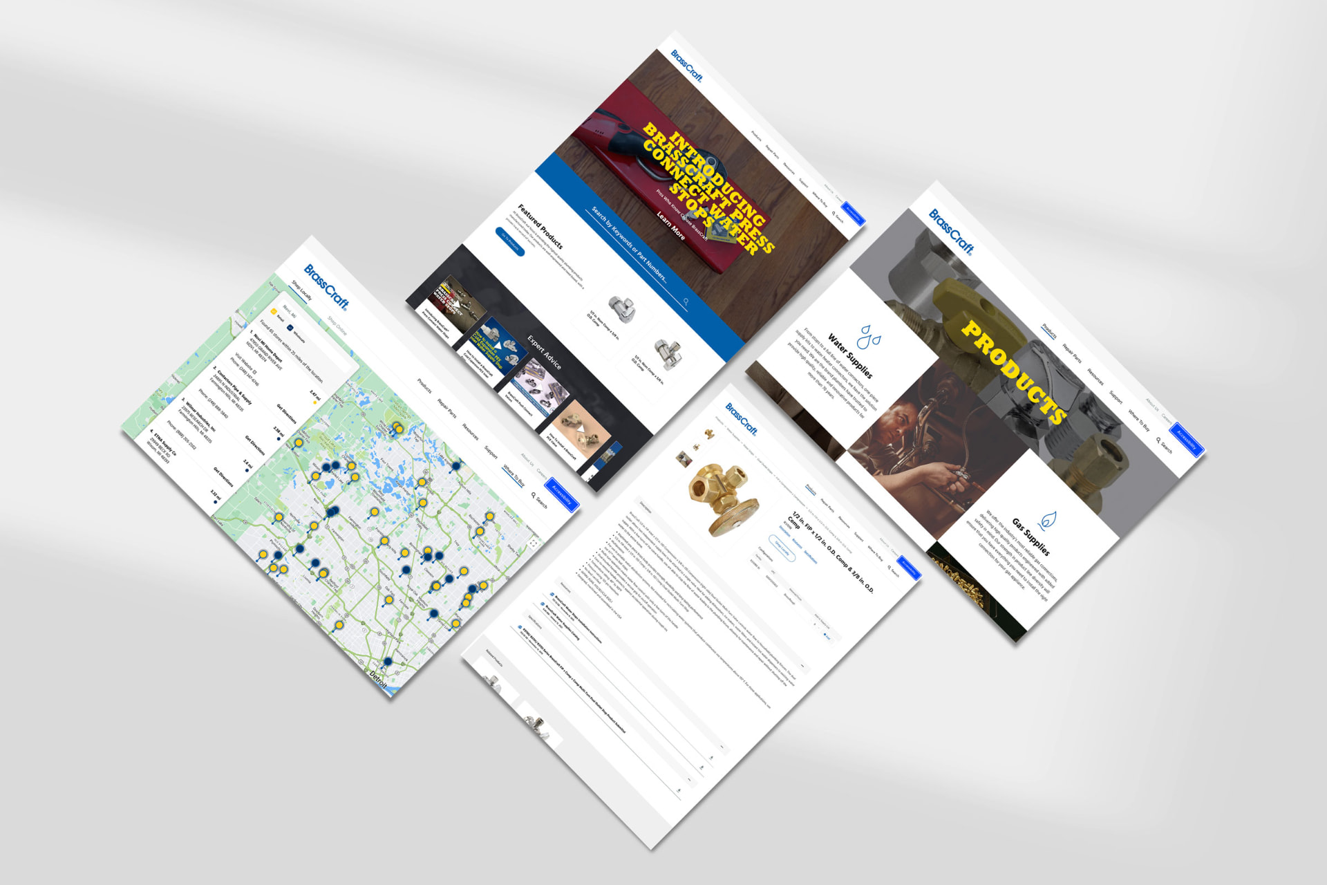 BrassCraft website screens — homepage, products, product detail, and store locator